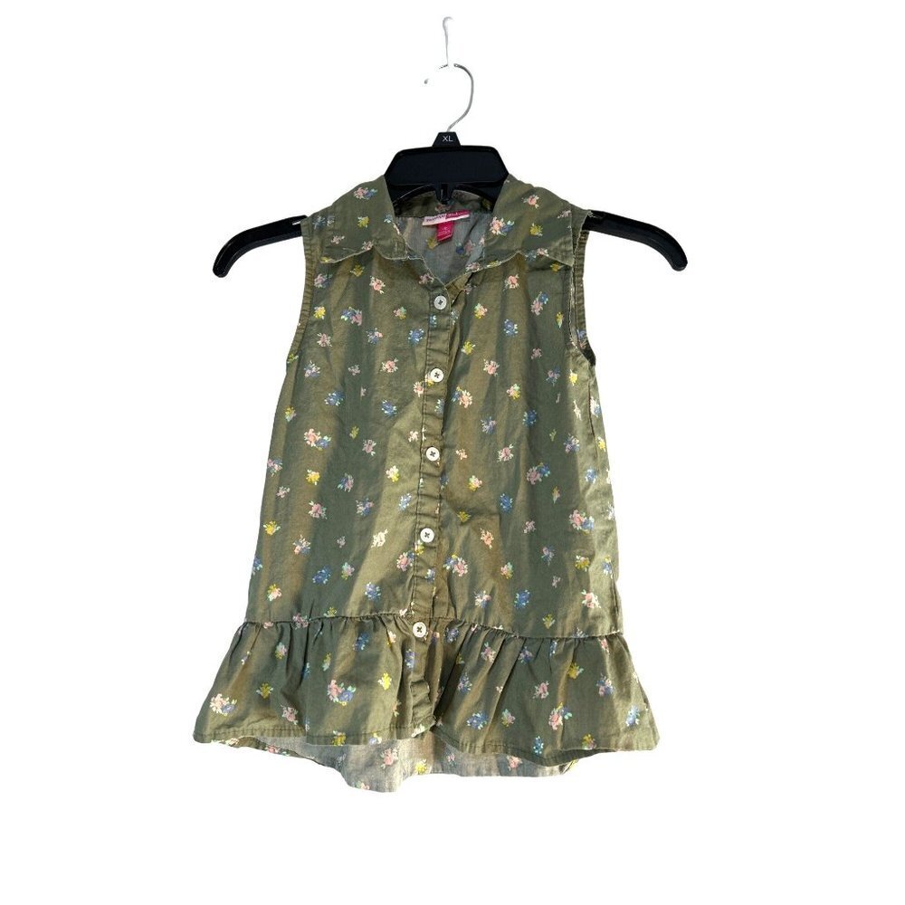 Penelope Mack Girls Top Green Floral Collar Button -Up Ruffle Hem Size 10